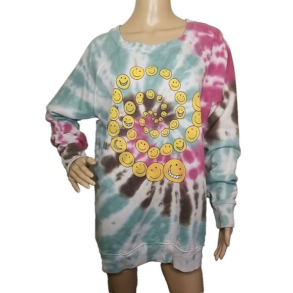 Mighty Fine sweatshirt womens XL pink tie dye graphic Happy Faces       T36 - Picture 1 of 7